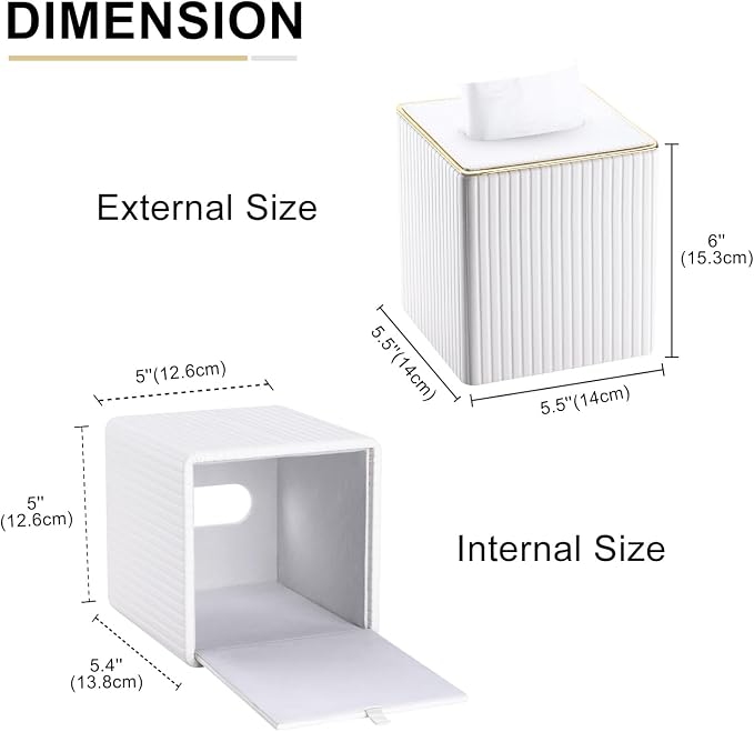 Tissue Box Cover, PU Leather Square Tissue Box Holder for Kleenexs with Magnetic Bottom Cover for Facial Tissues/Napkins, Office & Living Room Decor Box White