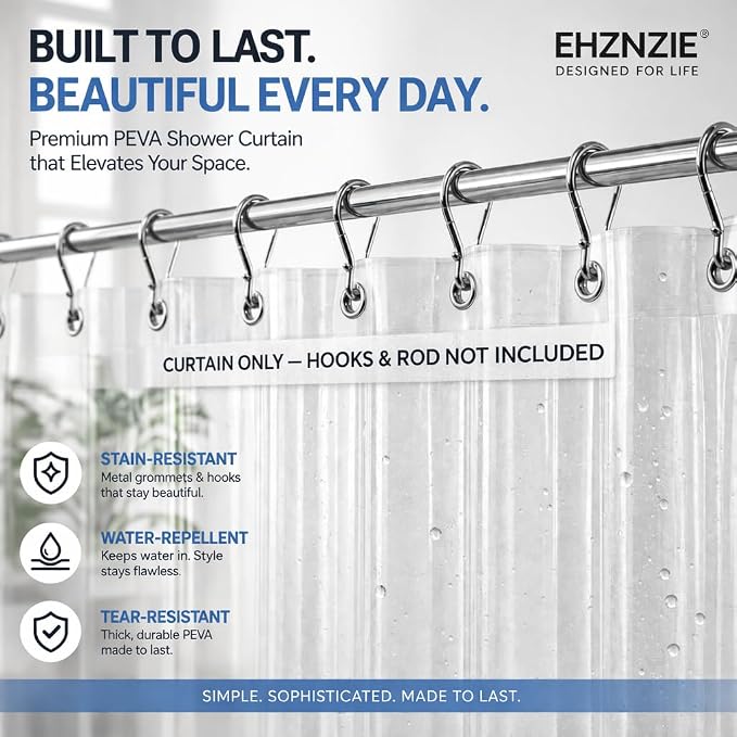 EHZNZIE Crystal Clear Shower Curtain Liner 54x78, PEVA Waterproof Bath Curtain, No Chemical Smell, Weighted Magnets, Durable with 9 Rustproof Metal Grommets