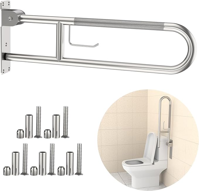 Toilet Grab Bar 32 Inch, YuanDe Brushed Nickel Anti-Slip Support Rail | U Shaped Flip-Up Grab Bar with Paper Holder, Stainless Steel Knurled Handicap Safety Handrails for Disabled Elderly Pregnant