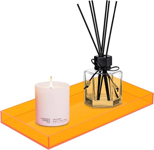 ROYALITA Acrylic Tray for Countertop, Guest Towel Holder Tray for Bathroom | Vanity Trays for Napkin Perfume Jewelry Makeup, Bathroom Tray for Soap Dispenser, Aromatherapy, Cup & Candle, Orange