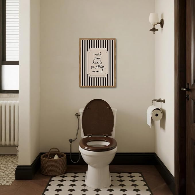 Funny Bathroom Sign Wall Art Wash Your Hands Ya Filthy Animal Quote Wall Decor Pictur Vintage Black White Striped Bathroom Poster Canvas Painting Prints for Restroom 24x16 inch Wood Framed