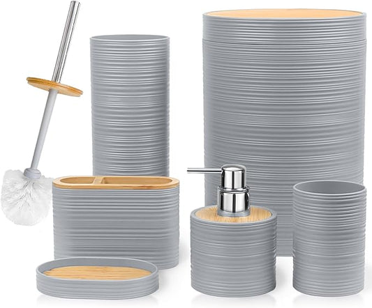 CERBIOR Bamboo Bathroom Accessories Set 6 Piece Spiral Bath Ensemble,Grey | Includes Soap Dispenser, Toothbrush Holder, Toothbrush Cup, Soap Dish for Decorative Countertop and Housewarming Gift