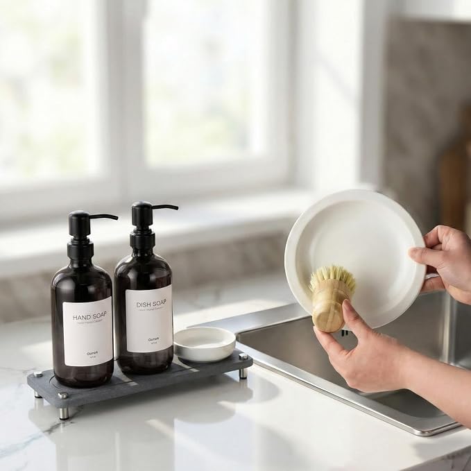 2 Pack Kitchen Soap Dispenser Set - 16oz Black Glass Dish and Hand Soap Dispenser with Stainless Steel Pump, Instant Dry Tray, Dish Brush & Holder, Refillable Countertop Sink Decor for Kitchen & Bath