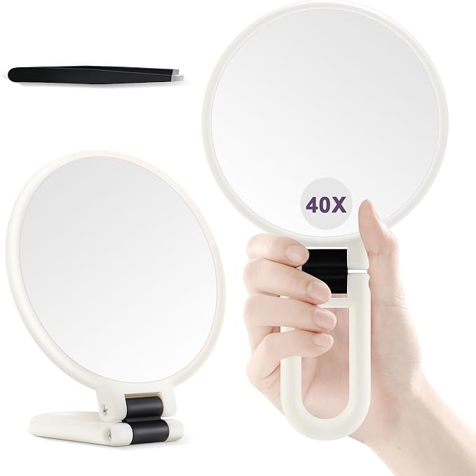 40X Magnifying Mirror, Hand Mirror with Handle, Double Sided Hand Mirror with 40X/1X Magnification, Travel Essential Portable Foldable Makeup Mirror for Precision Makeup White
