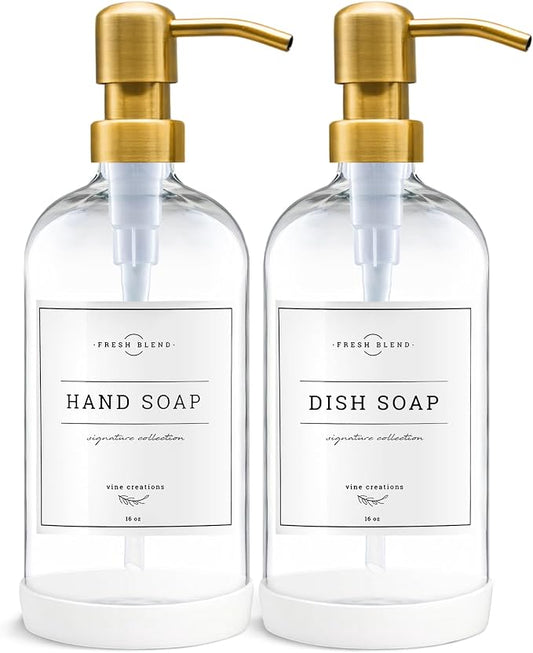 Vine Creations Glass Soap Dispenser, 2 Pack Kitchen Soap Dispenser Set with Stainless Steel Pump, 16 oz Dish Soap and Hand Soap Dispensers for Bathroom with Waterproof Labels (Clear)