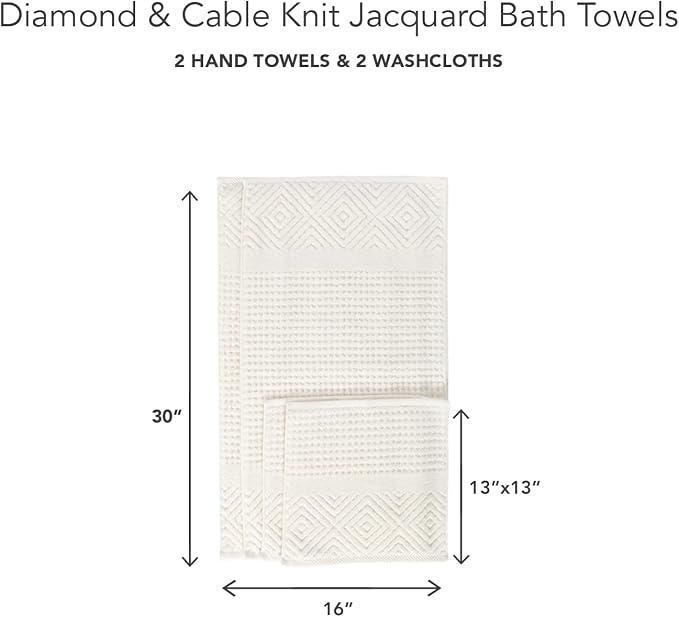 Texere 100% Organic Cotton Diamond Jacquard 700 GSM Luxury Bath Towel Sets - Ultra Soft and Absorbent Hotel and Spa Quality (Diamond, Cream, 2 Hand & 2 Face Towels)