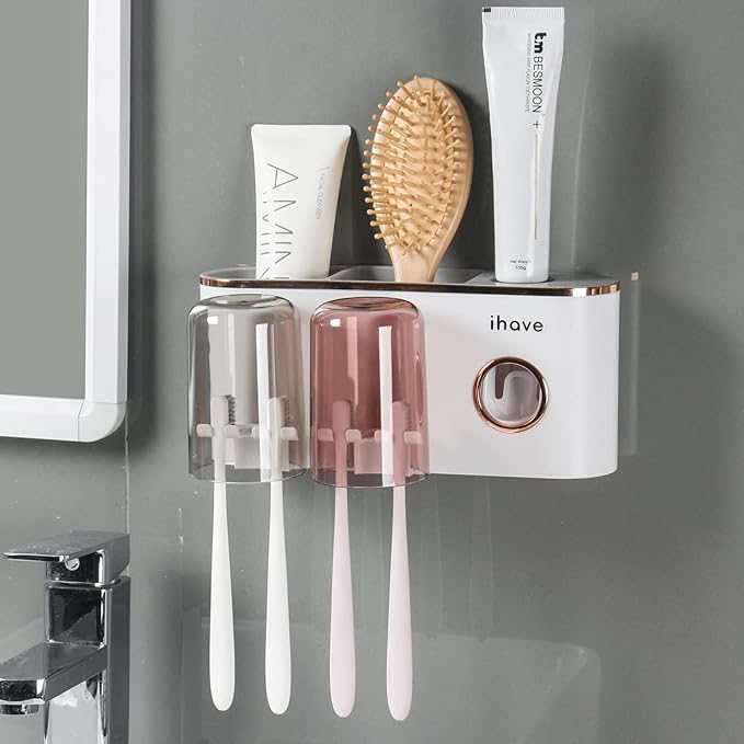 iHave Toothbrush Holders for Bathrooms Wall Mounted with Dispenser & 2 Cups | 6 Slots Wall Mount Toothbrush Holders for Bathrooms with Squeeze Toothpaste Dispenser, 2 Cups & 2 Compartments Organizer