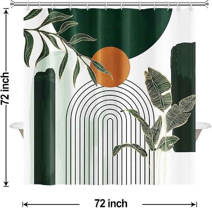 Abstract Boho Green Shower Curtain for Bathroom 72x72 Inch | Waterproof Emerald-green Leaves Shower Curtain Set with Hooks, Mid Century Bathroom Decor