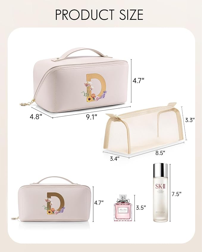 VLANDO Makeup Travel Bag with Separate Brush Pouch,Letter D,Off White | PU Leather Personalized Toiletry Bag,Open Flat Cosmetic Skincare Organizer,Gifts for Women,Bridesmaid,Teen