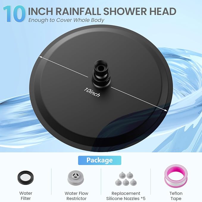 10 Inch Matte Black Round Rain Shower Head, All Metal Stainless Steel Rainfall Shower Heads with 100 Anti-Clog Silicone Nozzles, Wall or Ceiling Mount