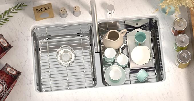 SANNO Kitchen Sink Grates Bottom Grid, Sink Bottom Grid for Kitchen, Metal Sink Grate with Rear Hole Stainless Steel Sink Protector Grid for Kitchen 13" L x 11.6" W