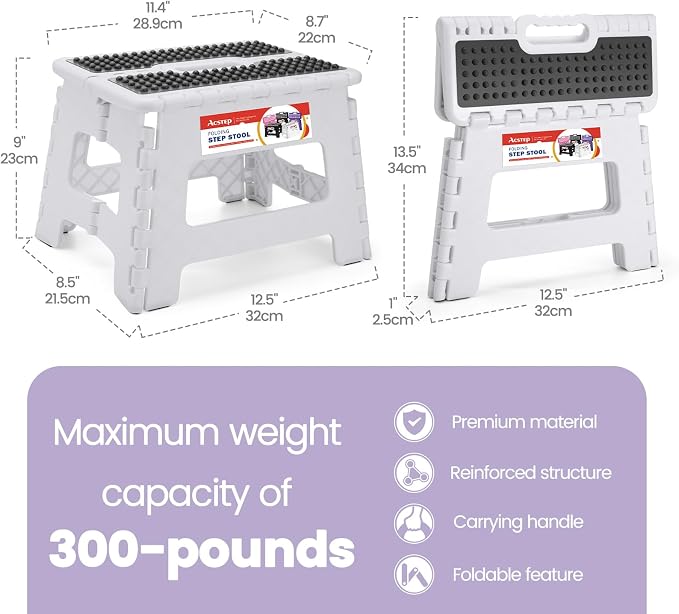 9" Folding Step Stool, Non-Slip Surface Stool for Kids, Dot White | Heavy Duty Foldable Stools, Lightweight, Holds 300 lb, for Toddler Kitchen Bathroom Bedroom Outdoor, Collapsible with Handle