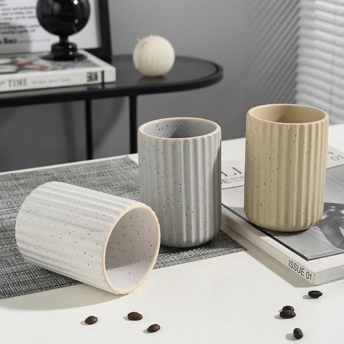 Stoneware Toothbrush Holder for Bathroom Tooth Brush Holder for Bathroom Toothbrush Cup Toothbrush Holders Cute Fluted Vertical Ribbed Stripe (Speckled White)