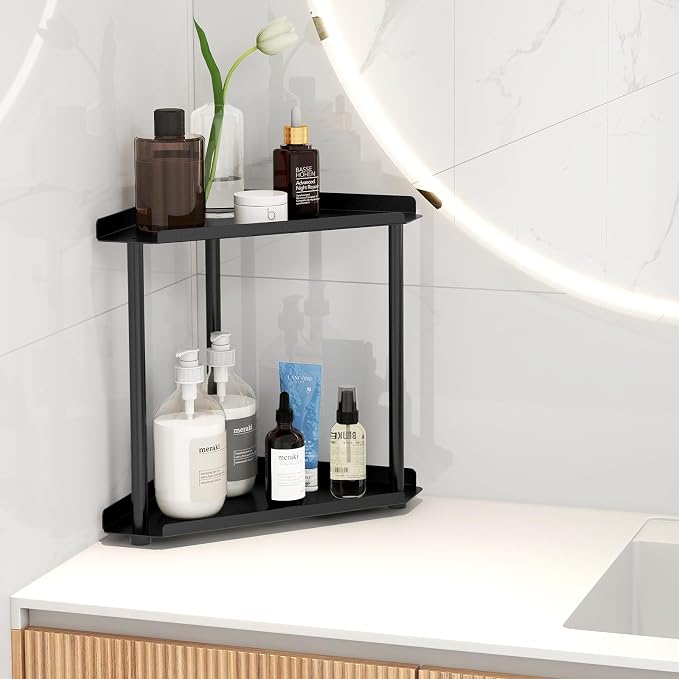 FLE Corner Bathroom Counter Organizer, Bathroom Organizer Countertop Black | 2 Tier Corner Shelf, Tabletop Mount,Waterproof Solid Shelf Fits Bathroom Toiletries and Kitchen Condiment Storage
