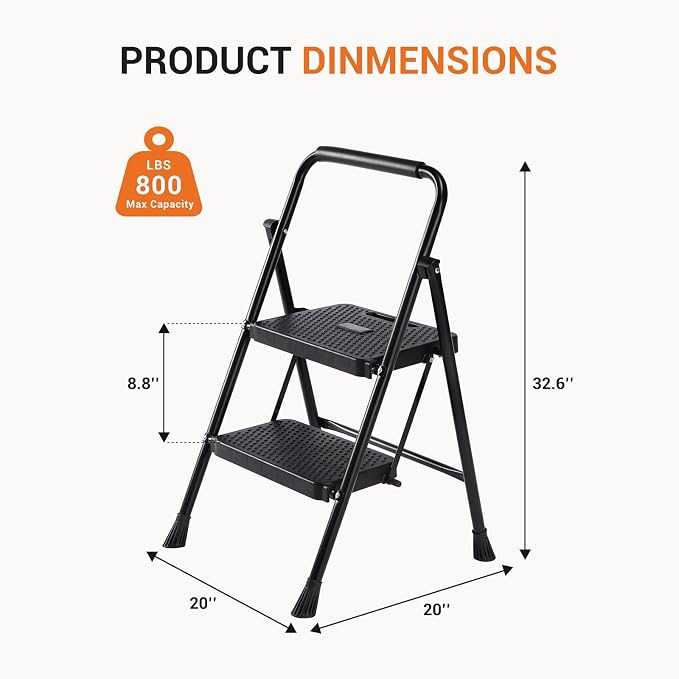 Sweetcrispy 2 Step Ladder, 800lbs Folding Sturdy Step Stool | Portable Stepping Stool with Wide Anti-Silp Pedal & Cushioned Handle, for Home Kitchen and Outdoor - Black
