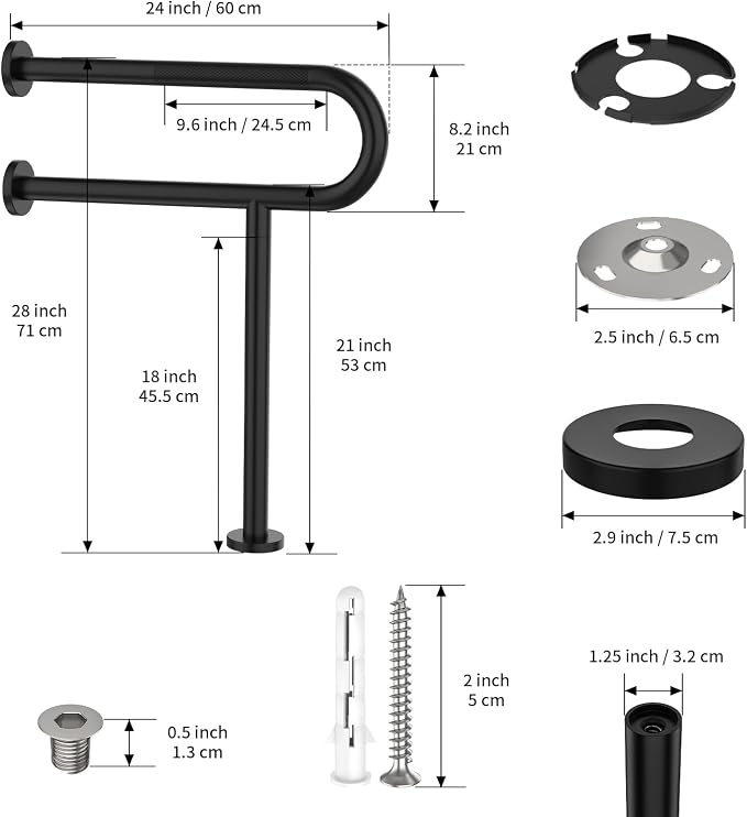 Toilet Support Rail 24x28 Inch, Munzong Anti-Slip Black Handicap Grab Bar | Folding Stainless Steel Knurled Safety handrails with Leg for Bathroom Elderly Disabled Pregnant-1.25’Tube