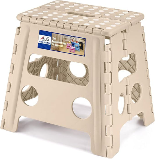 ACKO 13 Inch Folding Step Stool, Non-Slip Surface for Adults & Kids, Khaki | Collapsible Heavy Duty Foldable Stools, Portable Foot Stepping Stool Holds 300 lbs, Kitchen Bathroom Outdoor, with Handle