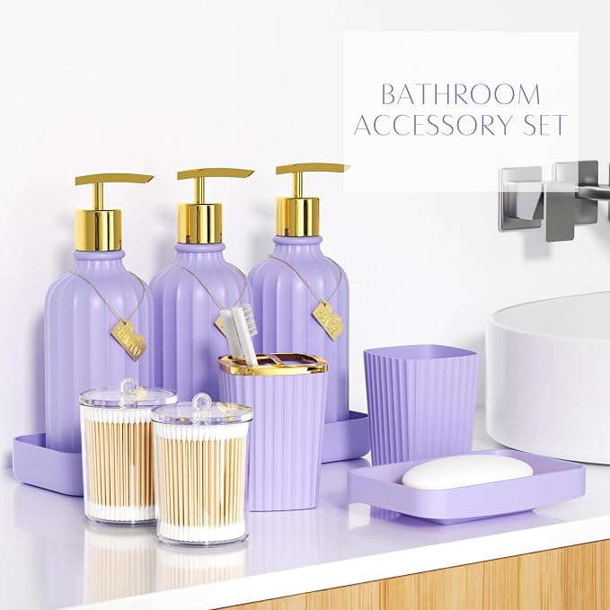 21PCS Bathroom Sets with Shower Curtain and Rugs Bathroom Accessories Set Light Purple Bathroom Set Complete with Trash Can, Toilet Brush, Qtip Holder & 3PCS Soap Dispenser