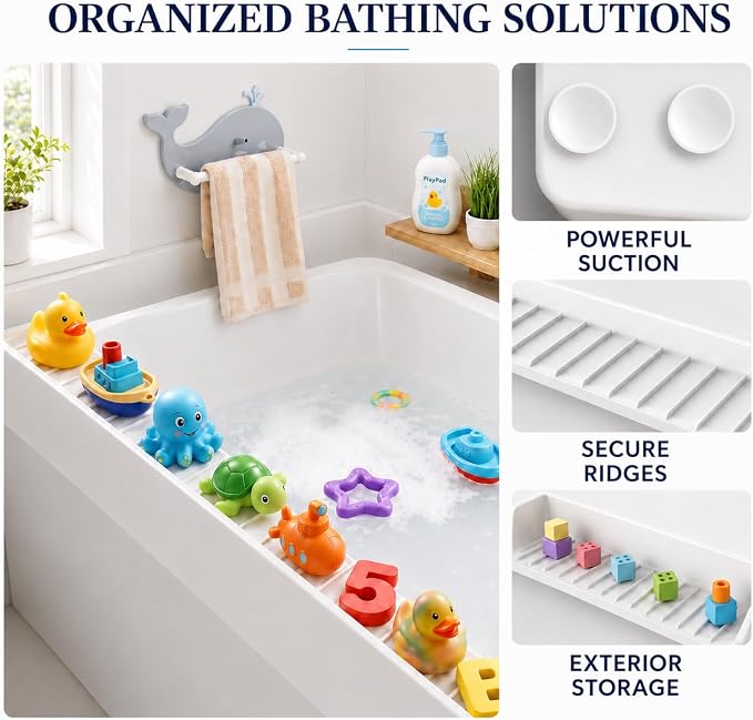 Bathtub Splash Guard for Tub Kids, Silicone Bath Toy Holder & Tub Side Tray with Suction Cups, Bath Tub Shelf for Kids, Bathtub Toy Storage, White