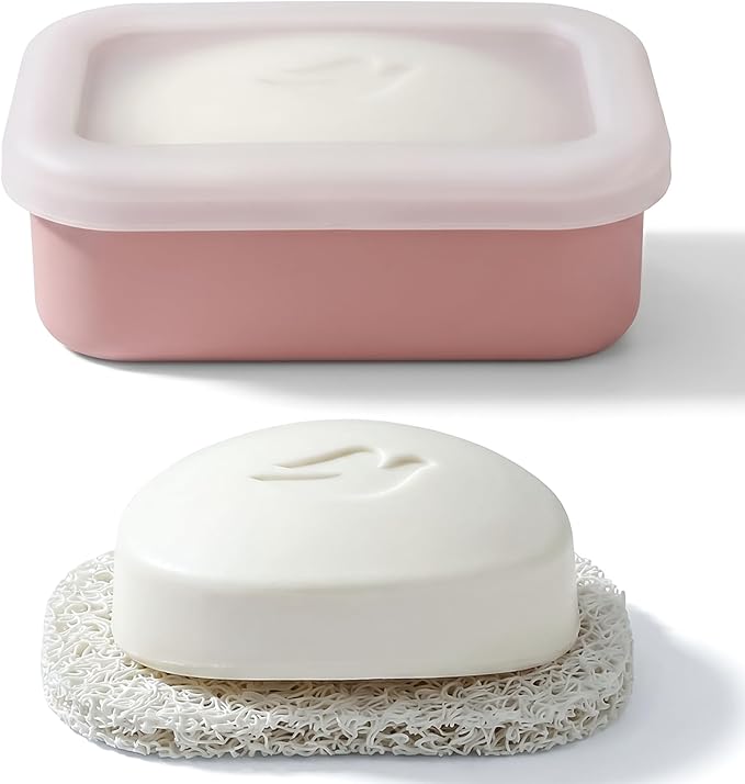 HighHerz Compact Leak Proof Silicone Travel Soap Case with Draining Tray - Portable Bar Soap Container - 2026 Upgrade Travel Essentials for Camping, Gym & Shower (Clear Pink)