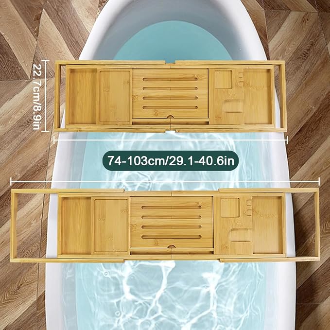 BFTOU Bamboo Bathtub Tray Expandable Bath Table Tray Bathtub Caddy for Relaxing SPA Bathroom Accessories for House Warming Shower