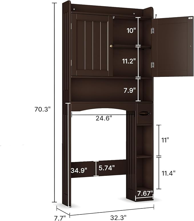 Over The Toilet Storage Cabinet, 32.3" W, Grey | Over Toilet Bathroom Organizer with Doors, Adjustable Shelves, Toilet Paper Holder, 2 Side Hooks, for Bathroom, Laundry