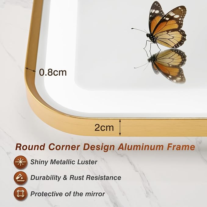 32x40 Inch LED Bathroom Mirror with Gold Frame,Front and Backlit Vanity Mirror,Tempered Glass,Stepless Dimmable Wall Mirrors with Anti-Fog, 3 Colors, Memory, Waterproof, LED Smart Bathroom Mirror