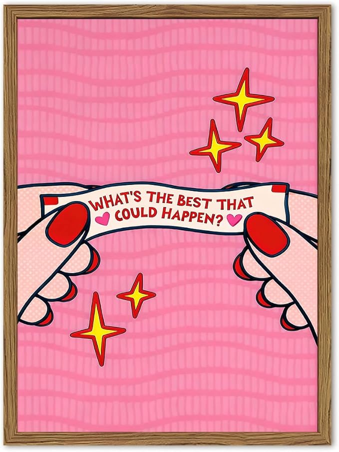 What's the Best That Could Happen Wall Art Positive Quote Poster Canvas Print Pink Preppy Dorm Room Decor Inspirational Fortune Cookie Wall Decor for Bedroom Office 12x16 inch Wood Framed