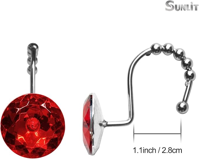 Sunlit Luxury Design Round Red Diamond Crystal Gem Bling with Glide Balls Shower Curtain Hooks, Rust Proof Metal Rhinestones Glam Shower Curtain Rings-12 Pack