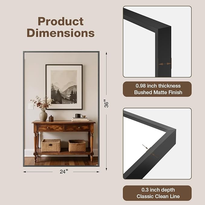 24"x36" Matte Black Rectangle Vanity Bathroom Mirror, Set of 2 | Aluminum Alloy Frame, Clear Reflection, Rust-Resistant, Vertical or Horizontal, Wall Mount, Bedroom and Entryway