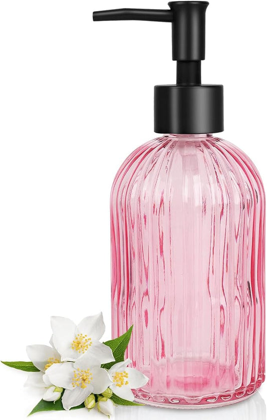 Topsky Stripe Glass Soap Dispenser with Black Plastic Pump, 400ml Liquid Hand Soap Dispenser, Rustproof Pump for Kitchen & Bathroom, Great for Lotions, Essential Oil, Liquid Soaps-Pink