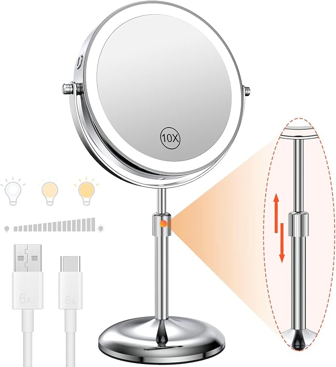 7" Lighted Makeup Mirror with Magnification 10X, Height Adjustable,3 Lights | 1X/10X Magnifying Mirror with Light, Stepless Dimming, 360° Swivel, Rechargeable Vanity Mirror for Desk, LED Standing Mirrors