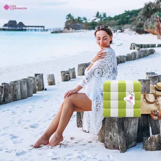 CASA COPENHAGEN Cabana Towel 4Pcs Lime Green Designer Stripe Beach Towels Gift Set, 30"x60" Oversized 100% Cotton Pool Bath Towel for Beach Gift Set (Perfect Summer Gift Set for Women & Men)