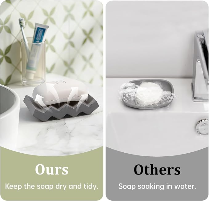Bar Soap Holder Diatomite Soap Dish Sponge Caddy, Dark Grey | Self Draining, Fast Drying, Soap Saver, for Shower, Bathroom, Kitchen Sink