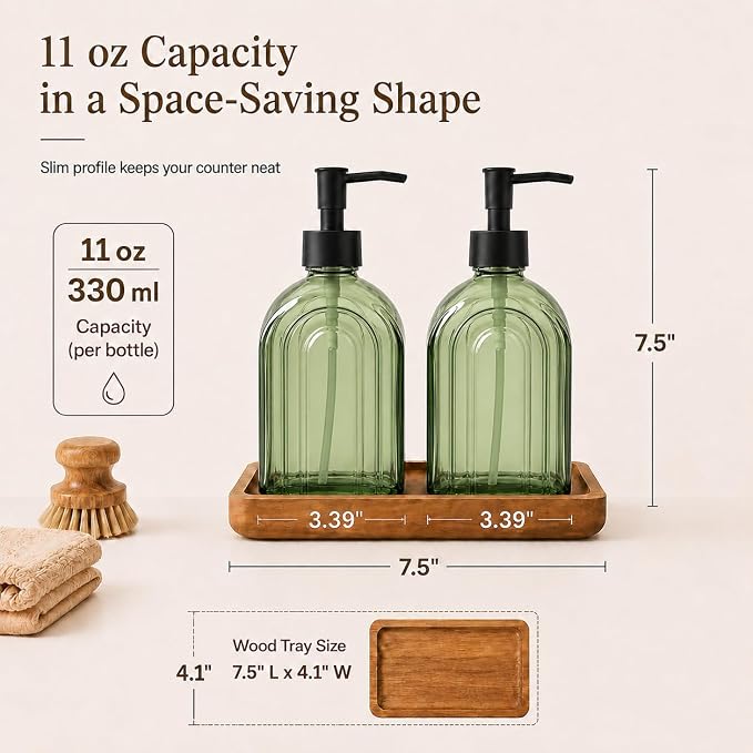2 Pack Arch Glass Soap Dispenser with Acacia Wood Tray, 11oz Green Rainbow Decorative Hand Soap Dispenser with Rustproof Pump, Refillable Liquid Dispenser for Bathroom, Kitchen, Countertop