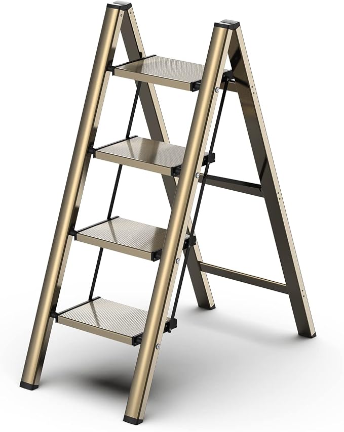 4 Step Ladder, Aluminum Folding Step Stool with Anti-Slip Sturdy and Wide Pedal, Lightweight Portable Stepladder for Home and Kitchen Use, Gold, 330 lbs