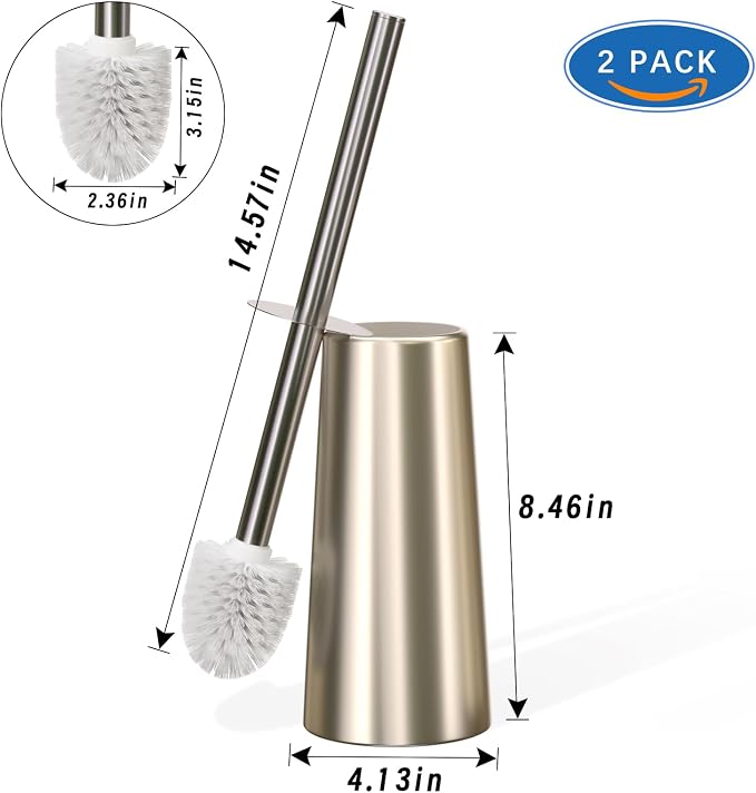 2 Pack Toilet Brush and Holder Set for Bathroom, Champagne Gold | Plastic Toilet Bowl Brush with 304 Stainless Steel Long Handle