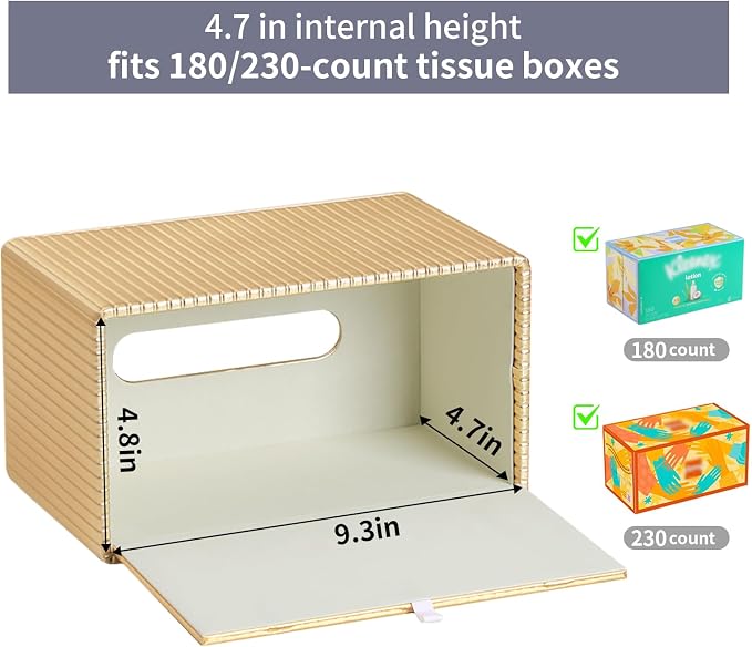 PU Leather Tissue Box Cover Rectangle, Tissue Box Holder Gold | Inner Height 4.7 Inches, Fits 180/230 Count Tissue Boxes, Non Slip Base, Rectangular Tissue Cover for Bathroom Nightstand