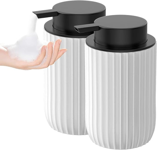 Ceramic Foaming Hand Soap Dispenser, 12 oz Bathroom Soap Dispensers 2Pack | Lotion Dispenser for Kitchen, Refillable Matte Streaks Soap Dispenser with Large Pump (White)