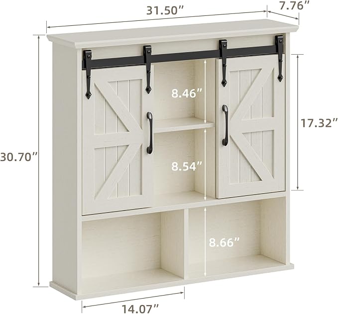Vabches Bathroom Wall Cabinet, Farmhouse Medicine Cabinet, White | Wooden Vintage Storage Cabinet Wall Mounted with Double Sliding Barn Door and Adjustable Shelf for Bathroom, Kitchen
