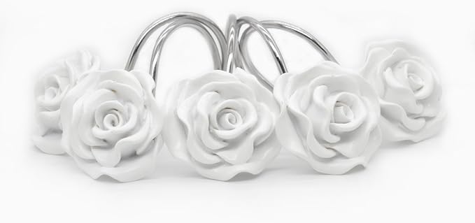 BEAVO Shower Curtain Hooks, Home Decorative Rustproof Shower Curtain Hooks Resin Rose Flower Shower Hooks Rings for Bathroom Shower Rods Curtains,Set of 12 Hooks (White) | White Flower Shower Curtain Ring - Stainless Steel Shower Ring Hook with Resin F...