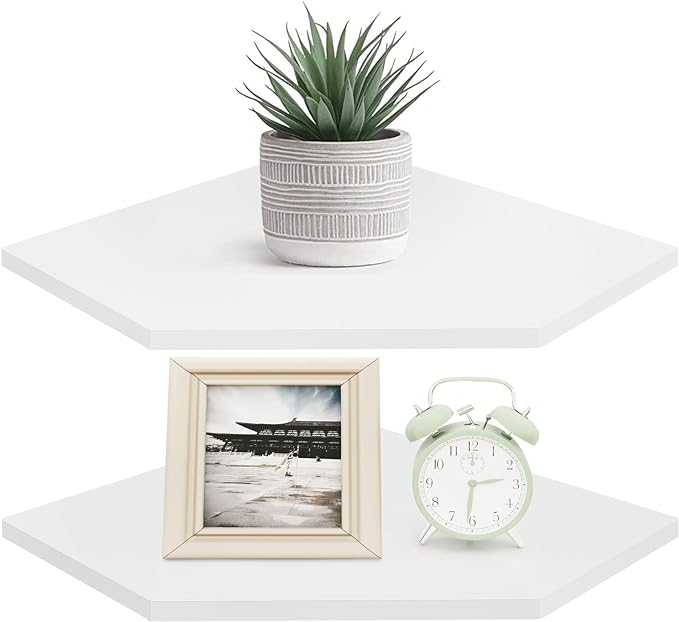 Corner Shelf Wall Mount, Set of 2 Corner Floating Shelves with Cord Hole for Speaker, Cable Box, 2 Tier Wood Hanging Storage Shelf for Bathroom Living Room Bedroom, White