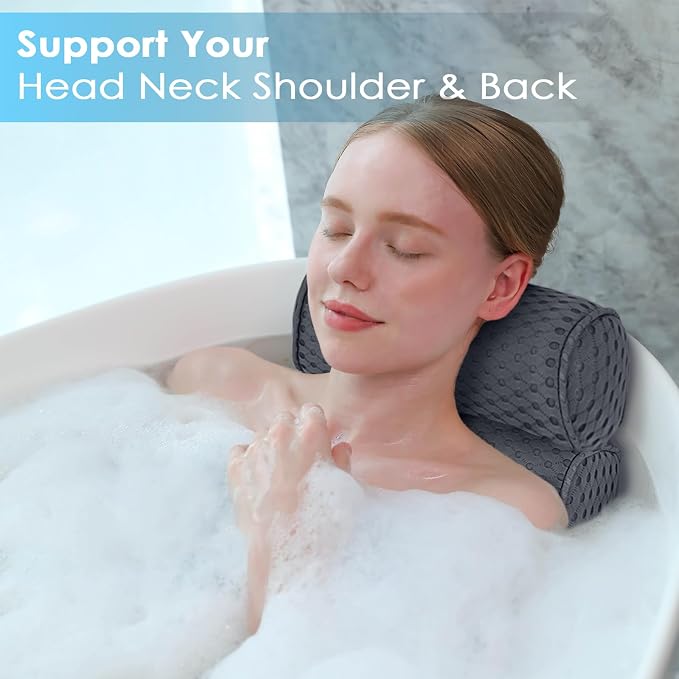 AEROiVi Luxury Bath Pillows for Tub Soft Mesh Strong 6 Suction Cups Gray | Bath Pillow with laundry bag head and neck support Relaxing Bath Washable Quick-Dry Bath Accessories Spa Gifts