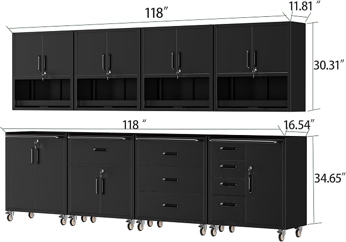 Garage Storage Cabinet System,Wall Cabinet & Locking Rolling Tool Cabinet with Doors and Adjustable Shelves