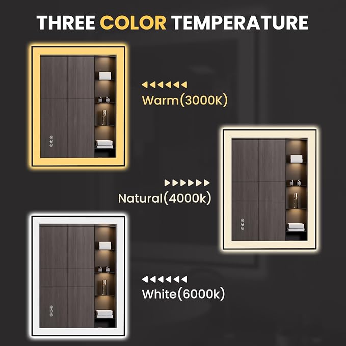 LOAAO 28"X36" LED Bathroom Mirror Black Framed | Anti-Fog, Dimmable, Memory Function, Tempered Glass, Lighted Vanity Mirror for Wall