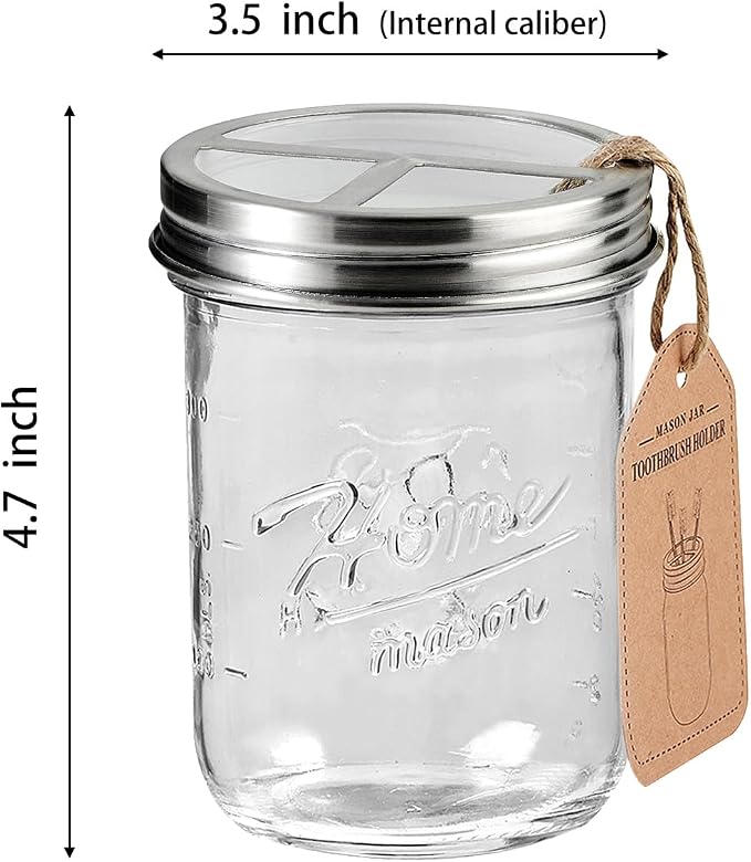 SheeChung Mason Jar Toothbrush Holders, Farmhouse Toothpaste Organizer, 1Pc | Brushed Nickel Glass Electric Tooth Brush Holder for Bathroom Countertop, Removable Stainless Steel Lid, Rustic Vintage Decor