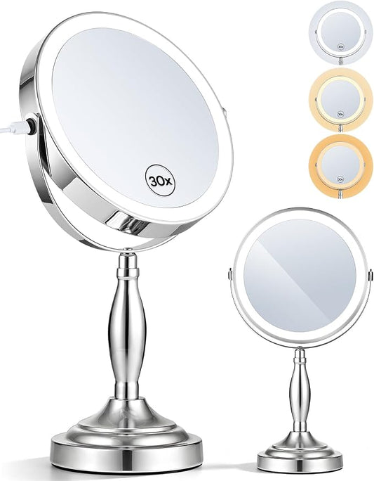 30X/1X Magnifying Mirror with Lights, Rechargeable Lighted Makeup Mirror | Chome, 5000mAh Battery, 3 Color Dimmable Lights, 8in, Side Touch Control, Side Charging, 360° Rotation, Extendable Arm
