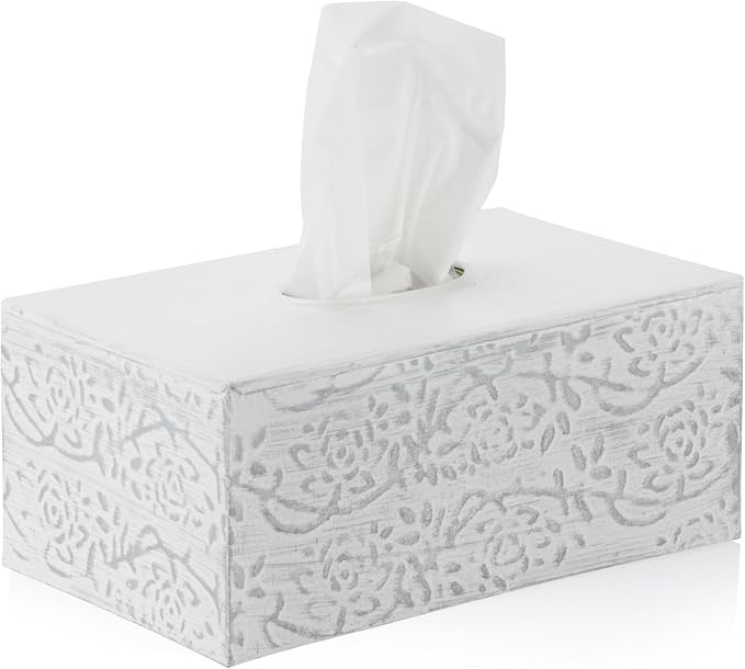 Modern Farmhouse Decorative Tissue Box Holder - Distressed White, Rustic Metal Design for Bathroom