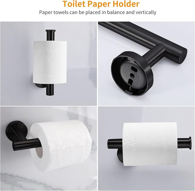 Cilee 10 Piece Matte Black Bathroom Accessories Set, 24 inch Towel Bar Set | Black Towel Bar Ring + Toilet Paper Holder + Robe Towel Hook, Stainless Steel Bathroon Hardware Set