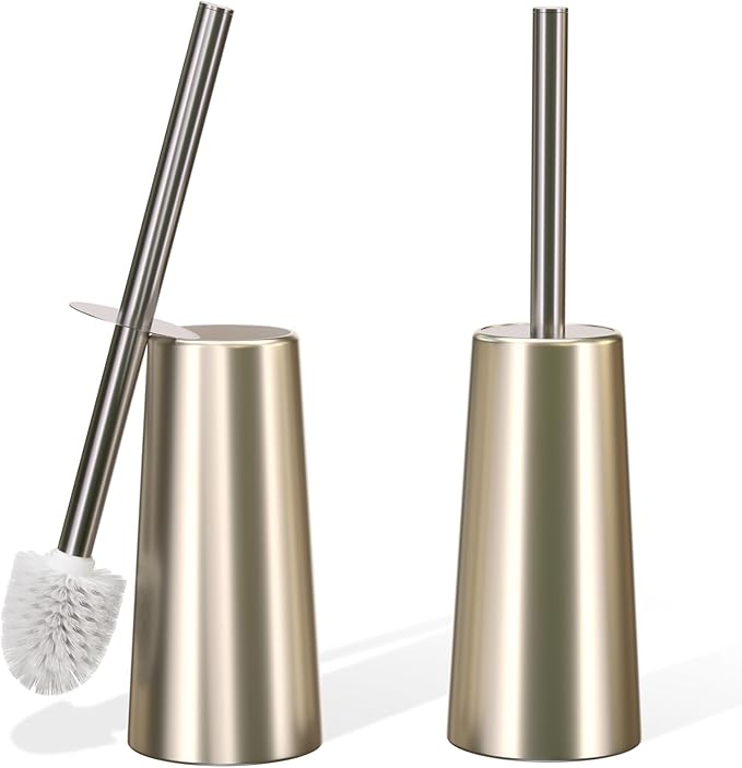 2 Pack Toilet Brush and Holder Set for Bathroom, Champagne Gold | Plastic Toilet Bowl Brush with 304 Stainless Steel Long Handle
